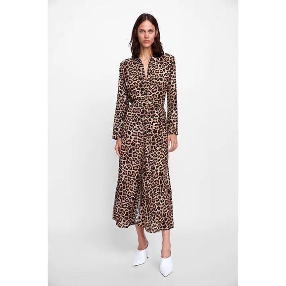 Zara Dresses & Skirts - Zara Belted Maxi Leopard Buttoned Dress - Size Large -NWT